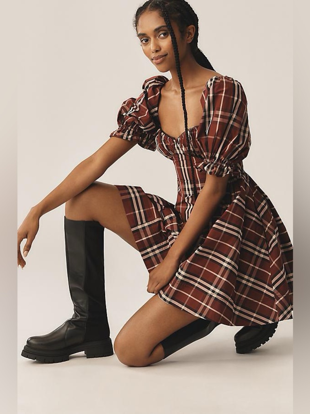 Maeve Anthropologie puff sleeve tartan plaid mini dress size XS